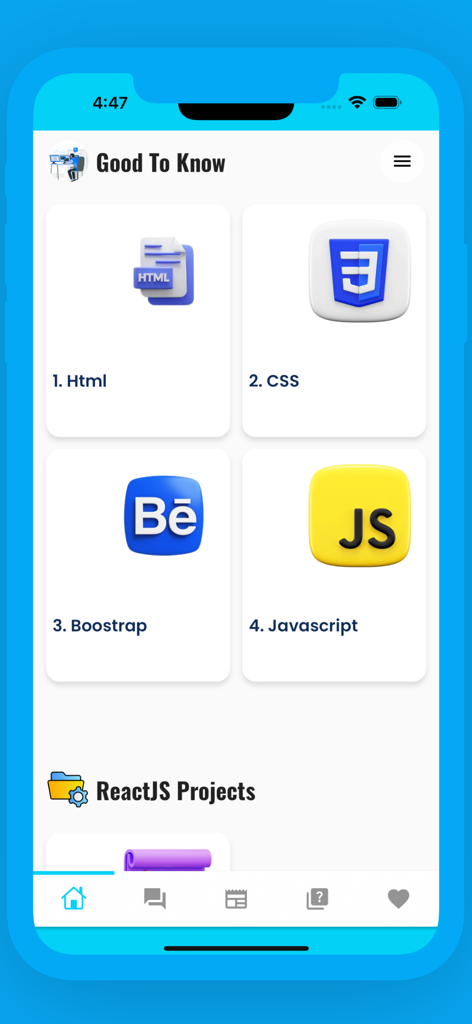 Benutzeroberfläche der ReactJS Programming App mit Modulen zur Webentwicklung für HTML, CSS, Bootstrap und Javascript.