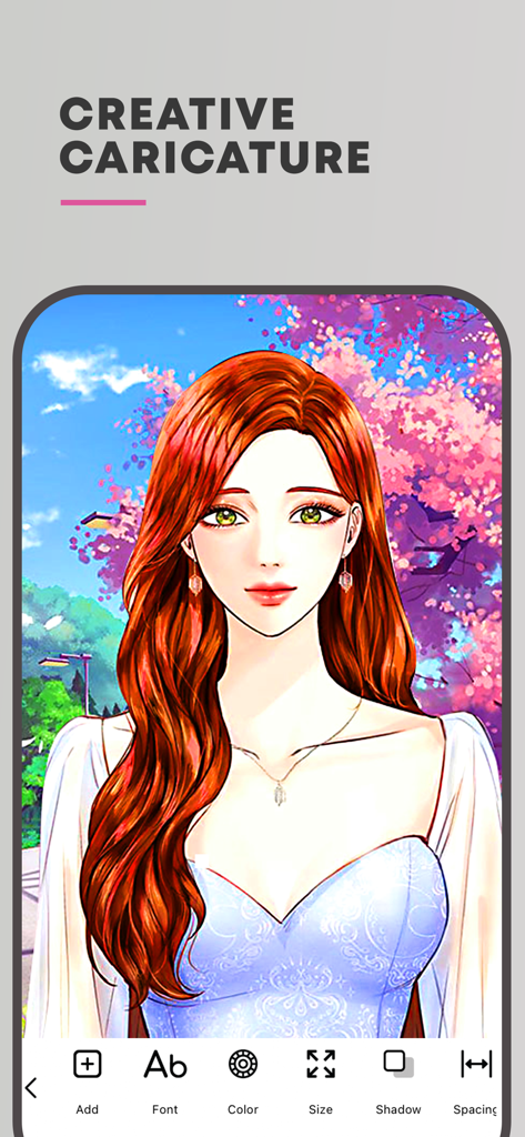 Face Caricature -Cartoon Photo - Interface do aplicativo Caricatura Facial apresentando uma mulher em um retrato estilo anime com opções de edição de fotos