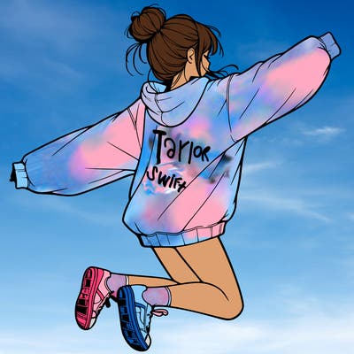 realistic girl jumping with a bun and oversized sweatshirt