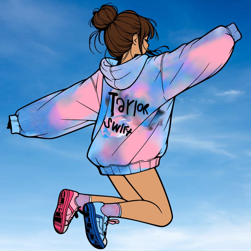 realistic girl jumping with a bun and oversized sweatshirt