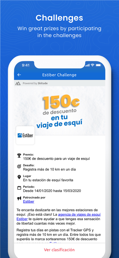 Estiber Viajes - Pantalla de la aplicación móvil Estiber Viajes que muestra un desafío de esquí para ganar descuentos en viajes.