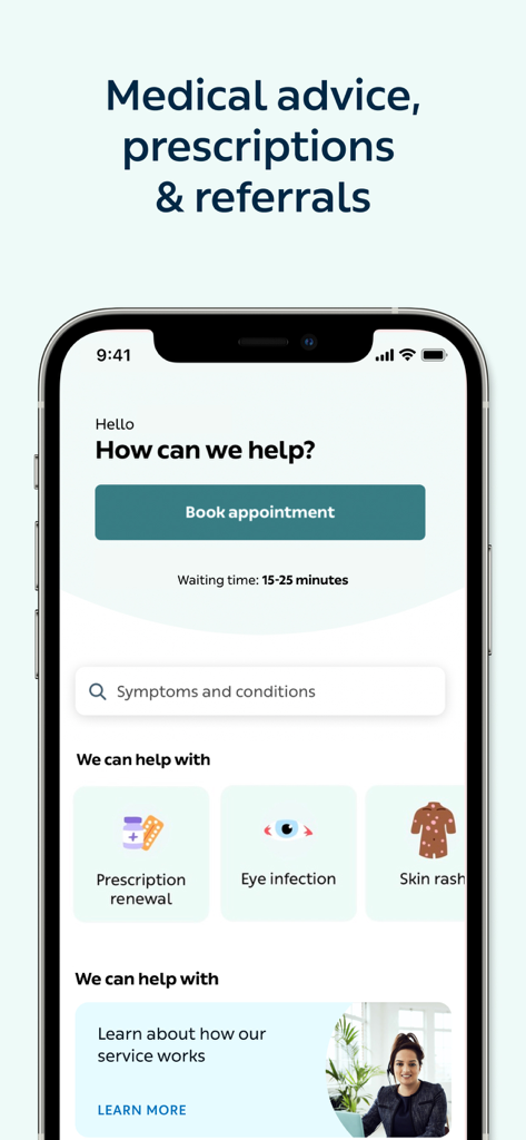 Écran d'accueil de l'application Livi montrant les options pour prendre rendez-vous et les problèmes médicaux courants