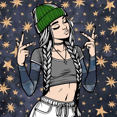 realistic teenage girl with braids and a beanie and crop top doing 🫶🏼