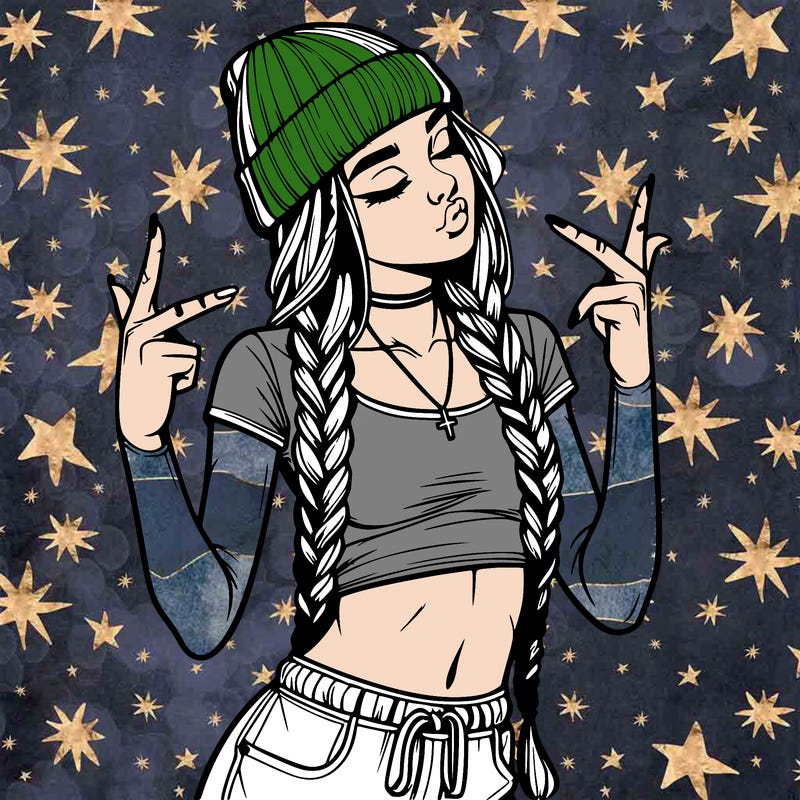 realistic teenage girl with braids and a beanie and crop top doing 🫶🏼
