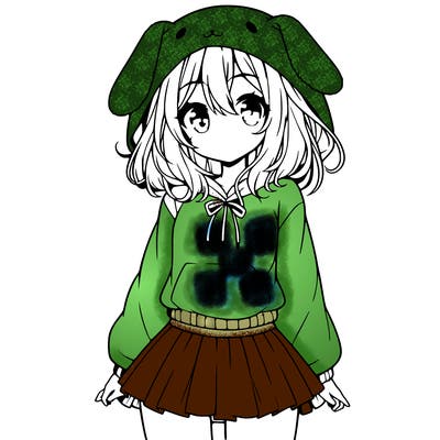 pretty anime girl wearing a fluffy hoodie with bunny ears on the hood and a skirt