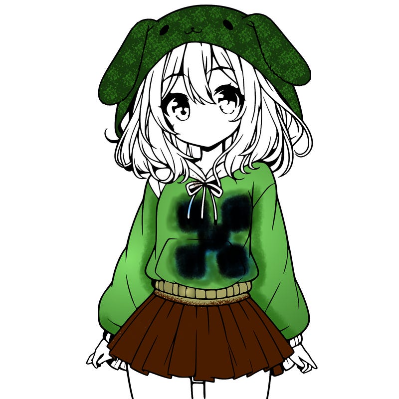 pretty anime girl wearing a fluffy hoodie with bunny ears on the hood and a skirt