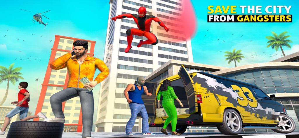 Spider Hero Games - Rope Hero - A red spider hero jumping into action to save a city from gangsters near a yellow van
