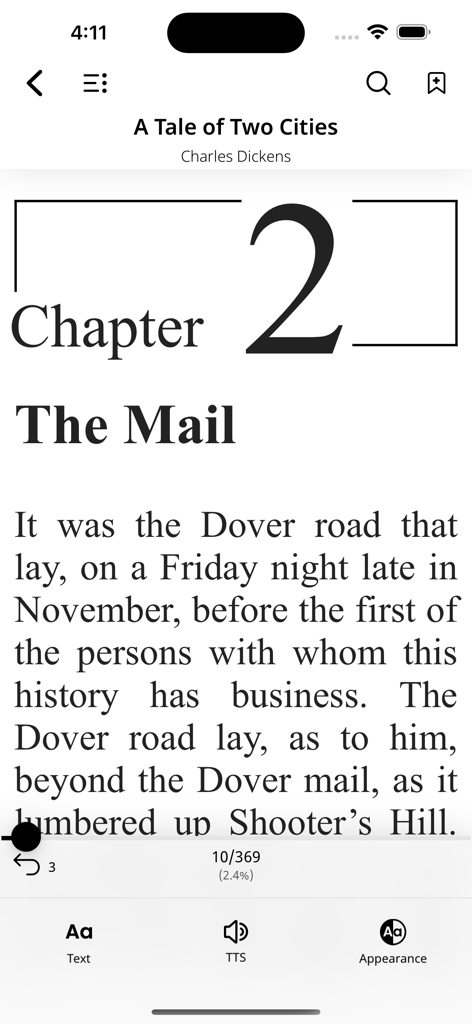 PocketBook Reader - PocketBook Reader app displaying the book A Tale of Two Cities with reading and text settings icons at the bottom