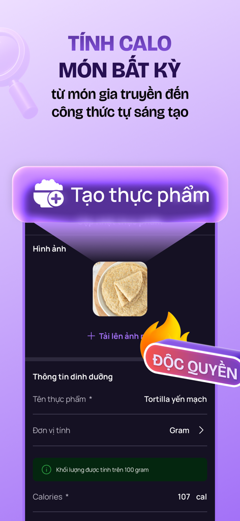 Captura de pantalla de la interfaz de la aplicación Wao para crear entradas de alimentos personalizadas, mostrando el cálculo de calorías para una tortilla de avena.