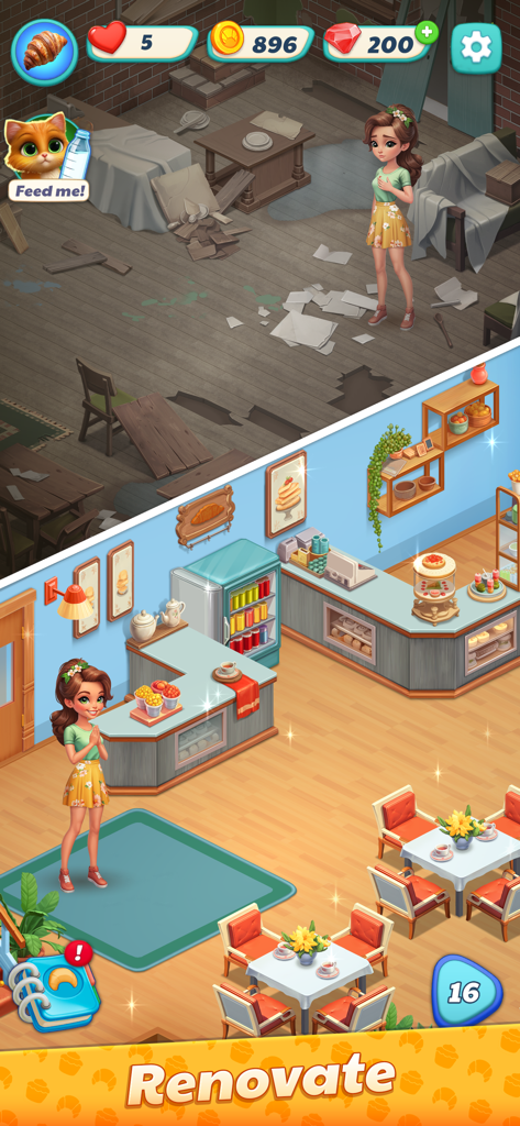 Sweet Dreams: Bakery Adventure - Una pantalla dividida que compara una habitación desordenada transformándose en una panadería limpia y decorada en Sweet Dreams Bakery Adventure.