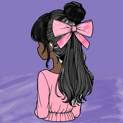 realistic girl  with hip length hair a bun and a big bow on the back of head
