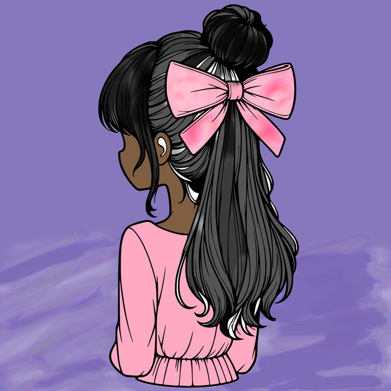 realistic girl  with hip length hair a bun and a big bow on the back of head