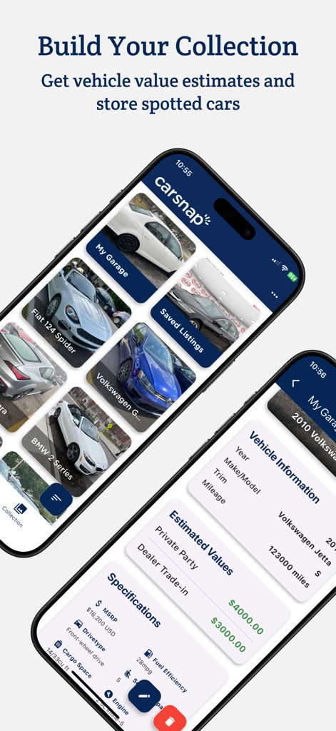 CarSnap: Car Shopping with AI - Capturas de pantalla de la aplicación CarSnap mostrando una colección personal de coches y valoración detallada de vehículos y especificaciones para un Volkswagen Jetta