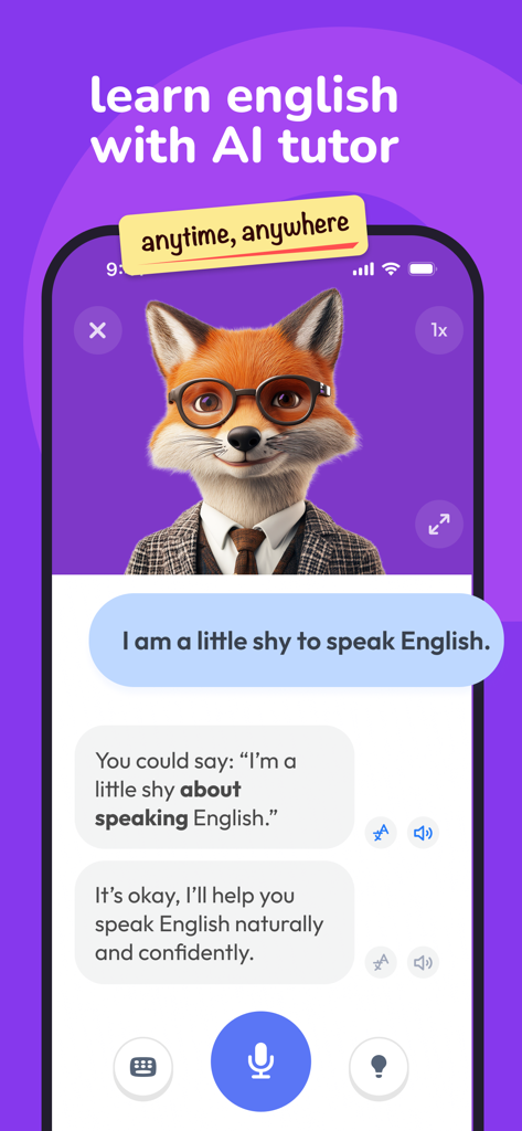 YayTalk: Learn & Speak English - Interfaz de la aplicación YayTalk mostrando un tutor zorro de IA proporcionando correcciones gramaticales en tiempo real durante una conversación en inglés