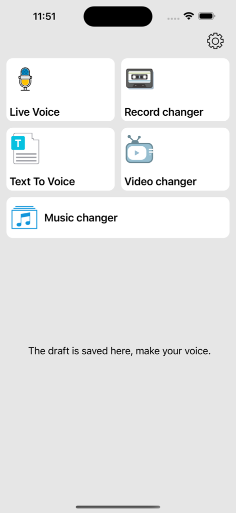 LinsVoice-Funny Voice Changer - Main interface of LinsVoice app showing options for Live Voice Record changer Text To Voice Video changer and Music changer