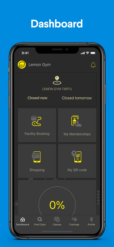 Lemon gym Lithuania - Painel principal do aplicativo Lemon Gym mostrando opções de reserva de instalações, gerenciamento de assinatura e entrada com código QR