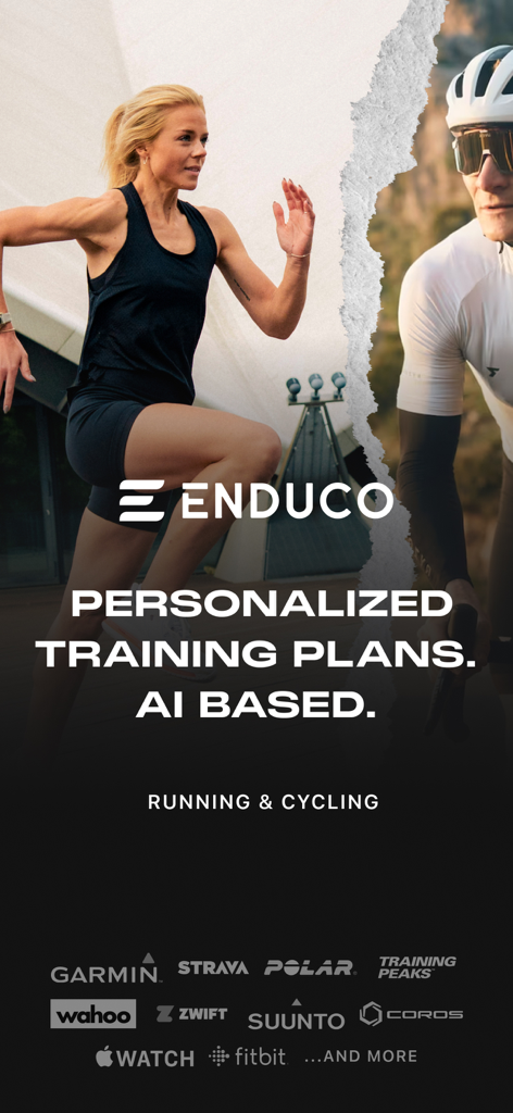 Enduco: Running & Cycling - Una mujer corriendo y un hombre en bicicleta en un banner promocional para planes de entrenamiento personalizados basados en IA de Enduco con logotipos de aplicaciones de fitness.
