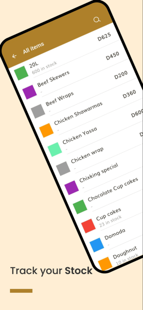 Waychit POS - Waychit POS mobile app screen displaying a list of food items with prices and real time stock levels for inventory tracking
