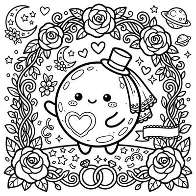 Join the cutest celestial wedding with this Kawaii Pluto coloring page! Adorned with romantic roses and tiny planets, it's a delightful scene ready for your vibrant colors.