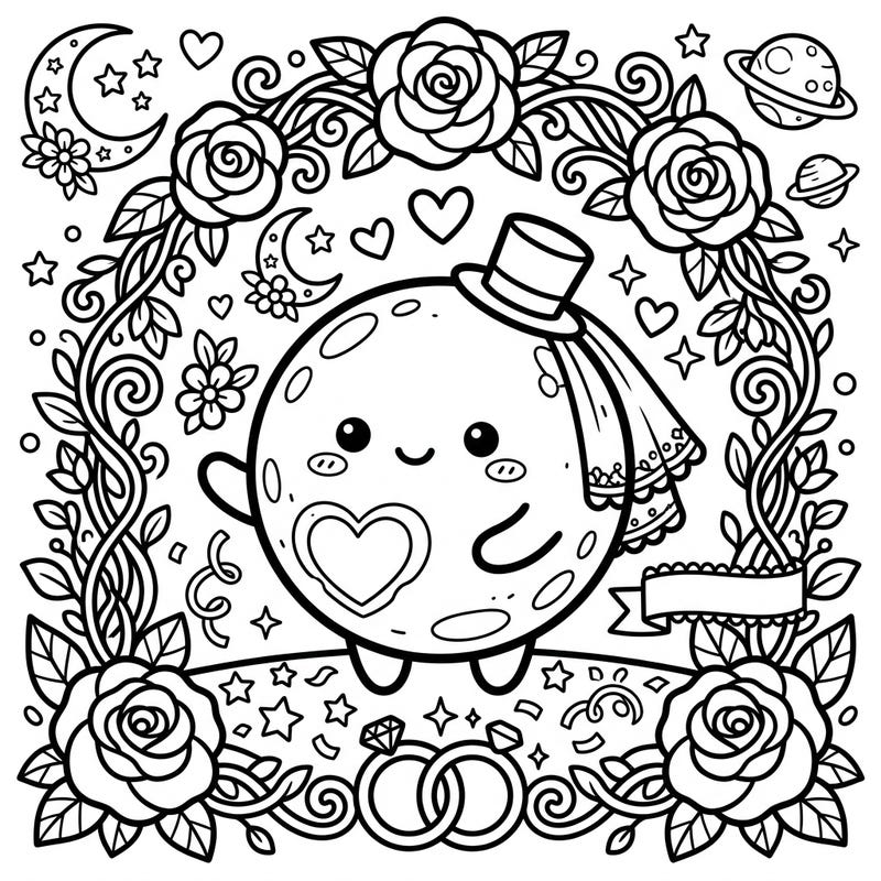 Join the cutest celestial wedding with this Kawaii Pluto coloring page! Adorned with romantic roses and tiny planets, it's a delightful scene ready for your vibrant colors.