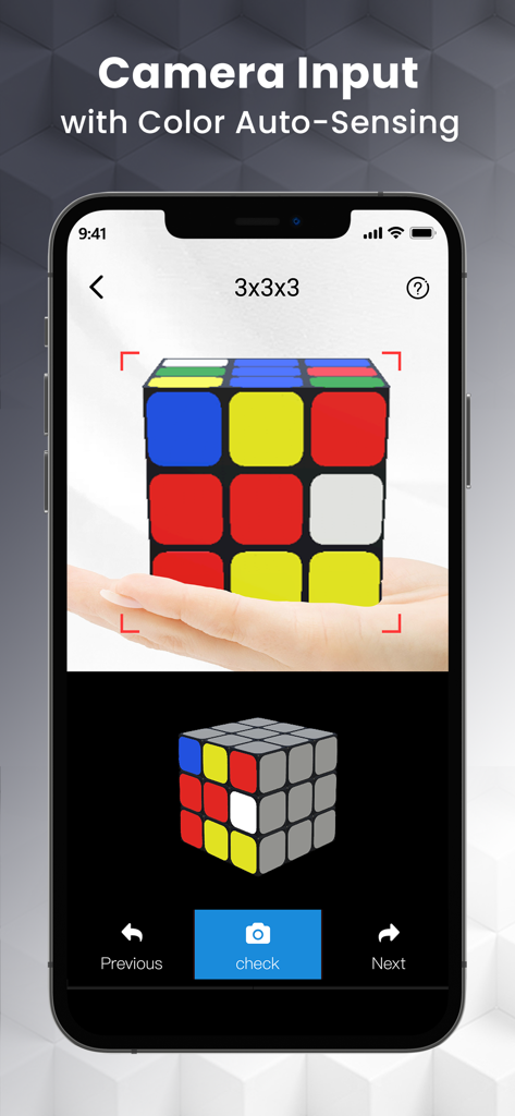 A smartphone screen showing the CubeSolver AI app using its camera to scan and recognize the colors of a 3x3 Rubik's cube