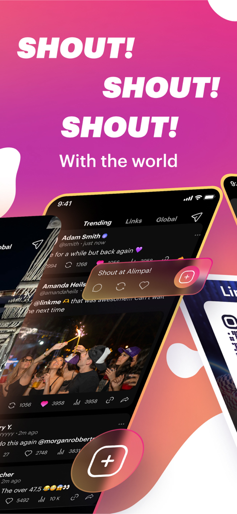 Linkme | Link, Network, Shout! - Interfaccia dell'app Linkme che mostra il feed di shout social con contenuti di tendenza e post degli utenti
