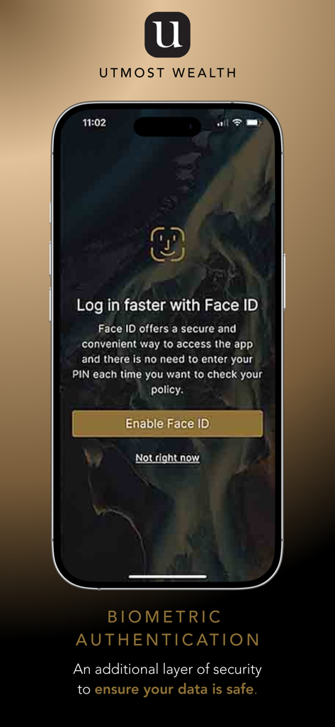 Utmost Wealth mobile app biometric authentication screen with Face ID setup