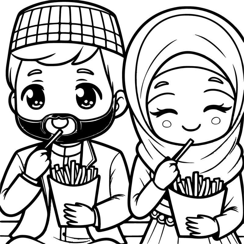 a man and a woman, muslim, who eat french fries realistic
