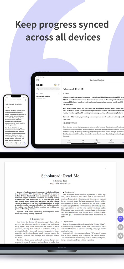 Scholaread app interface showing academic paper synchronization across iPhone, iPad, and MacBook Pro.