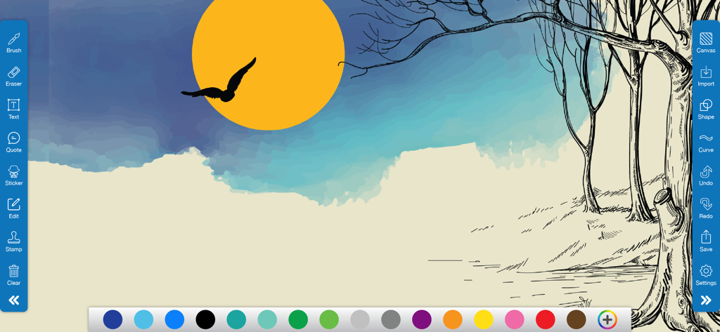Doodle • Art - Disegno digitale di un tramonto e alberi nell'interfaccia dell'app Doodle Art con strumenti creativi