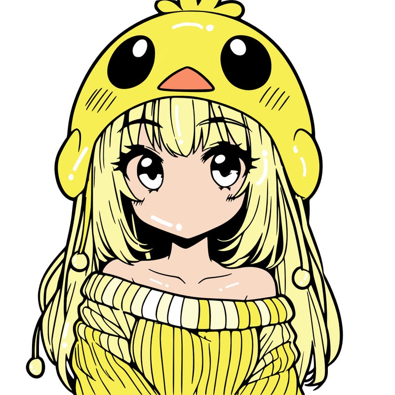 anime girl with chick shaped hat with sweater with bare shoulders with bangs covering them one eye with low tail