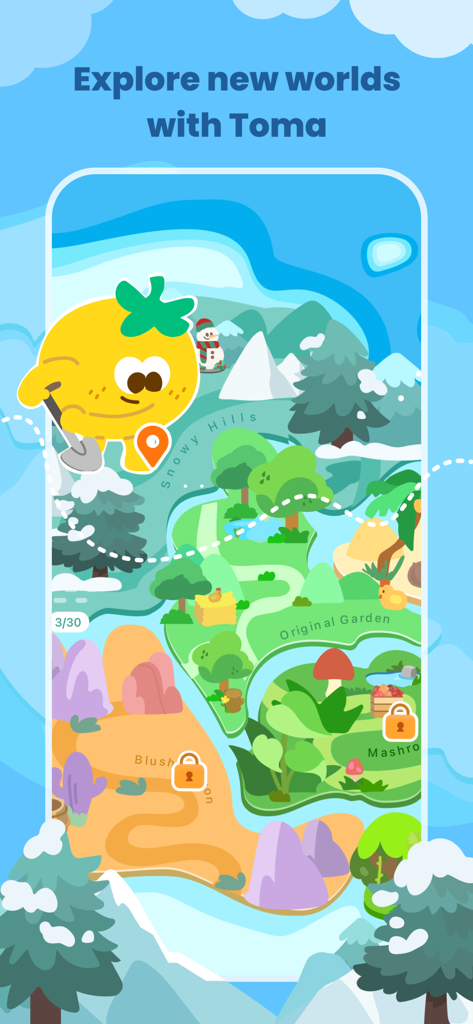 MeGrow App-Weltkarte, die Snowy Hills und den Original Garden mit dem Tomaten-Haustier Toma zeigt