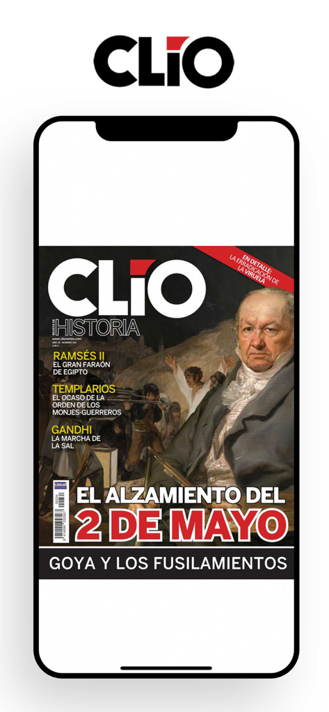 Clio - A screenshot of the Clio history magazine app displaying a Spanish language issue cover featuring Goya and the May 2nd uprising.