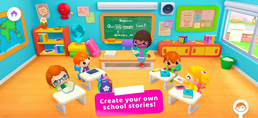 Personajes de dibujos animados y un profesor en una escena de aula vibrante de Sunny School Stories