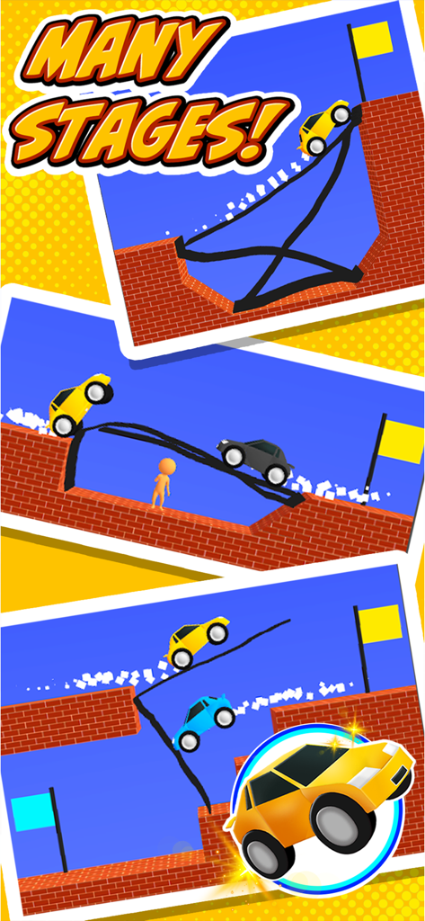 Draw Bridge - Puzzle Game - Varios niveles de juego del juego de puzles Draw Bridge mostrando coches en caminos dibujados a mano