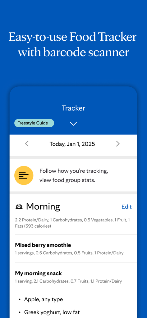 Interfaccia del tracker alimentare dell'app Dieta Mayo Clinic che mostra la registrazione del pasto mattutino e le statistiche nutrizionali.