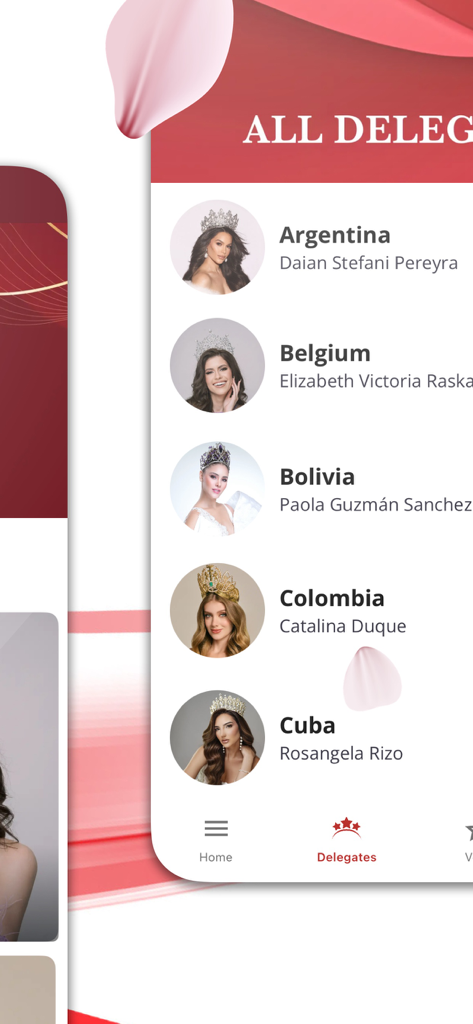 Miss International - Una lista de delegadas de concursos de belleza de varios países mostrada dentro de la app móvil Miss International