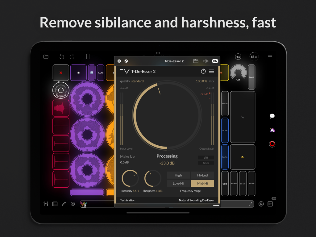 T-De-Esser 2 - T-De-Esser 2 Audio-Plugin-Oberfläche auf einem iPad zur Entfernung von Gesangs-Zischlauten
