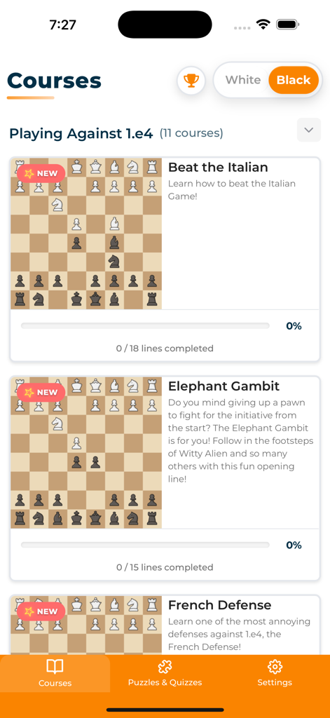 ChessMind AI - A screen from the ChessMind AI app showing various chess opening courses like Beat the Italian and Elephant Gambit.