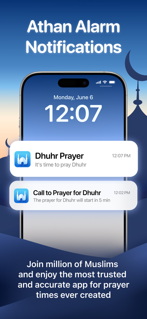 Athan Pro app notifications for Muslim prayer times on a smartphone lock screen