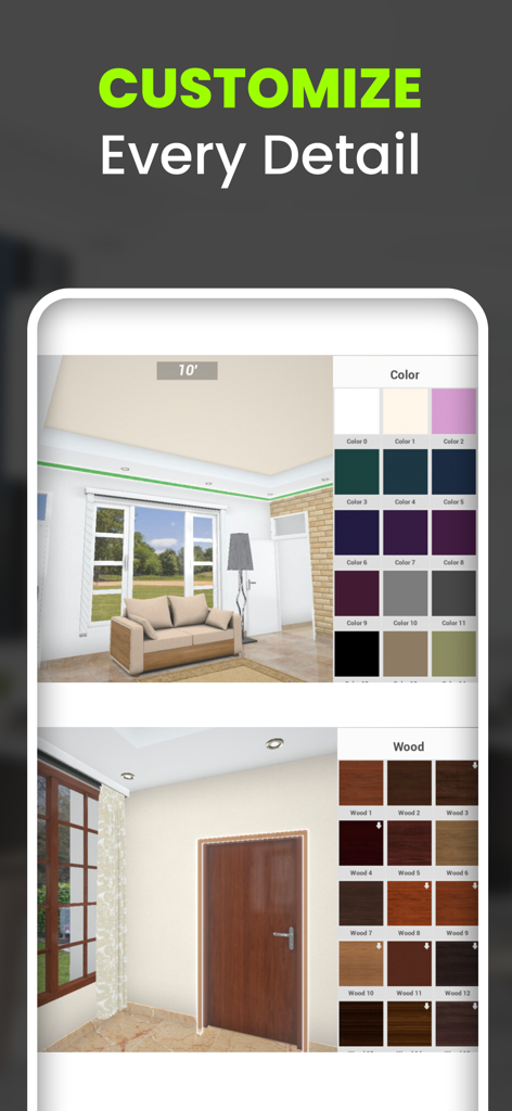 Interfaz de la aplicación Home Design 3D Designverse que muestra opciones de personalización de color y textura de interiores.