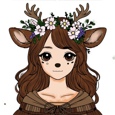 realistic girl with deer ears and horns with flowers on it