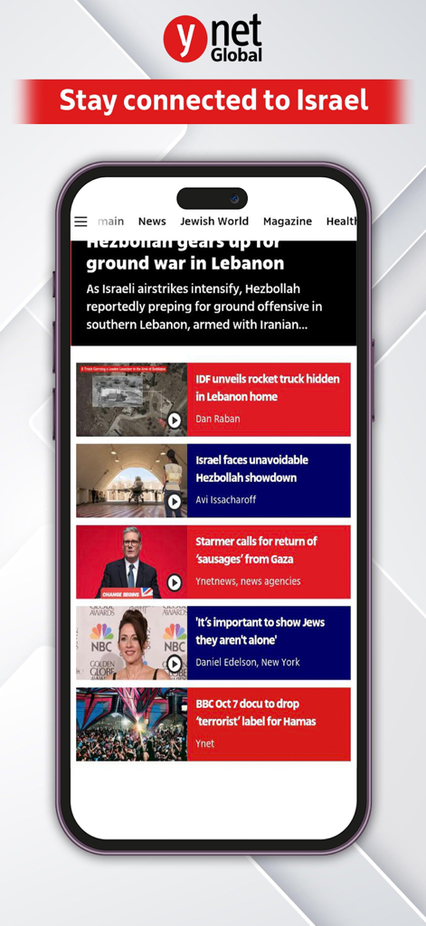 Interface de l'application d'actualités d'Israël Ynetnews montrant les gros titres actuels sur Israël et le Moyen-Orient
