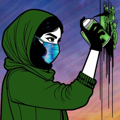 realistic girl with mask spray painting a wall