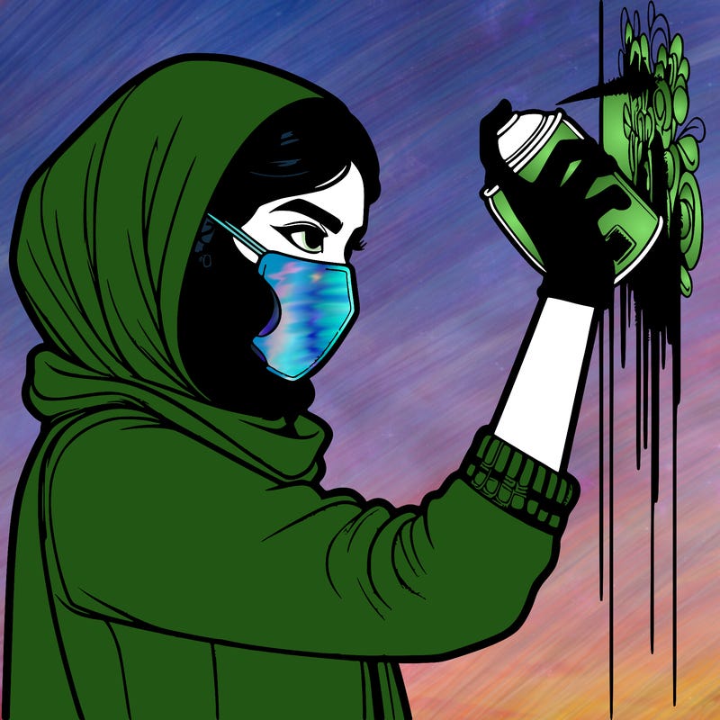 realistic girl with mask spray painting a wall