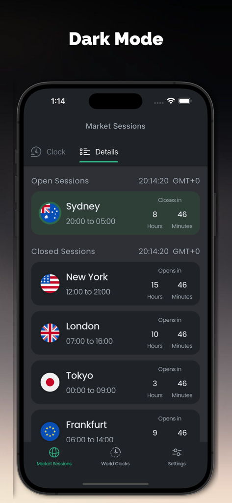 Interface de l'application Forex Hours montrant le statut des sessions de marché mondiales et les comptes à rebours en mode sombre