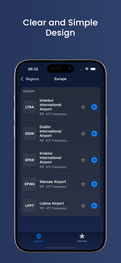 Mobile app interface showing a list of live air traffic control frequencies for various European airports.