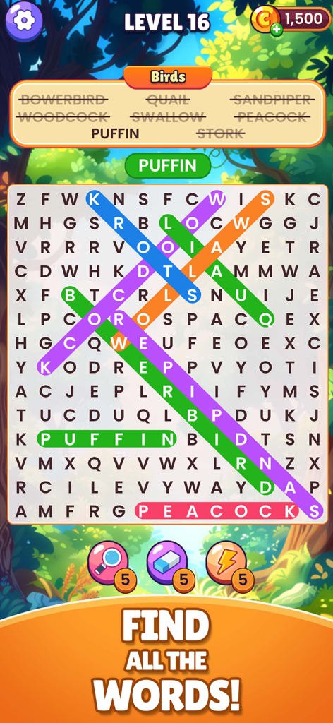WordSearch Find Infinite Words - Word search puzzle gameplay featuring bird names and a nature background