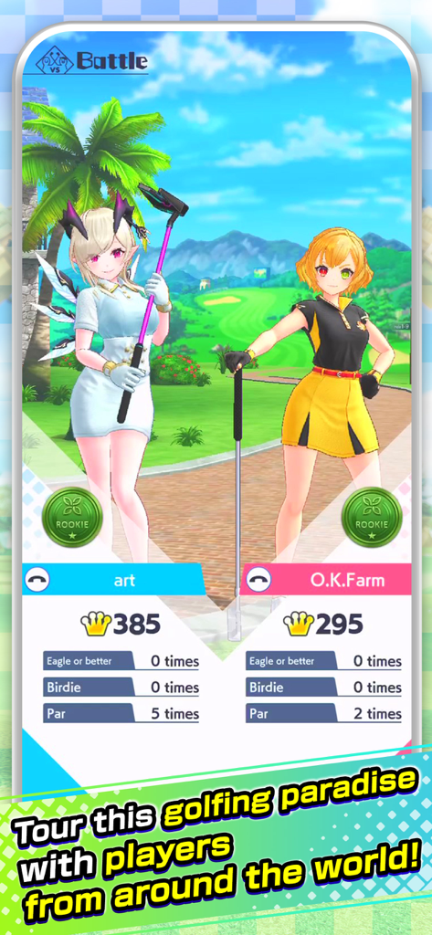 NEKO GOLF -Anime GOLF- - Two anime style characters in golf outfits competing in a PvP Battle Mode match on a tropical course