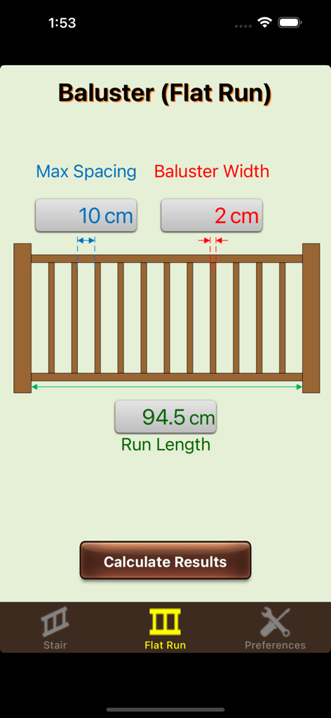 Interface of the Baluster Calculator Elite app showing the flat run calculation screen with input fields for spacing and width